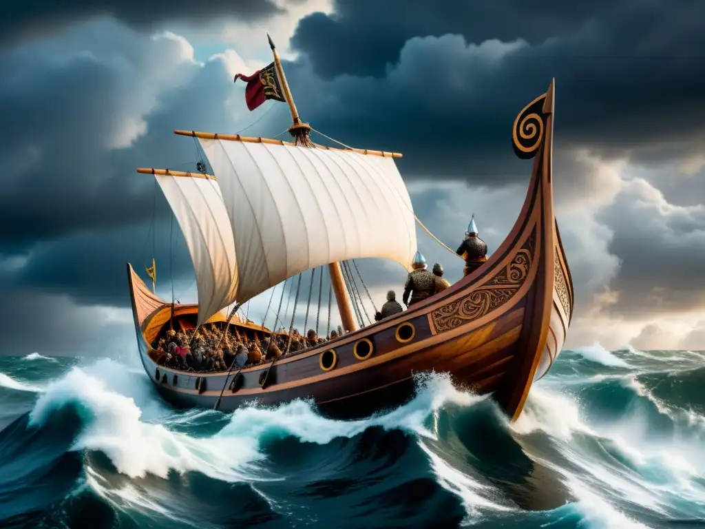 Vikingo diseño interior: Longship vikingo navegando en aguas turbulentas bajo un cielo dramático