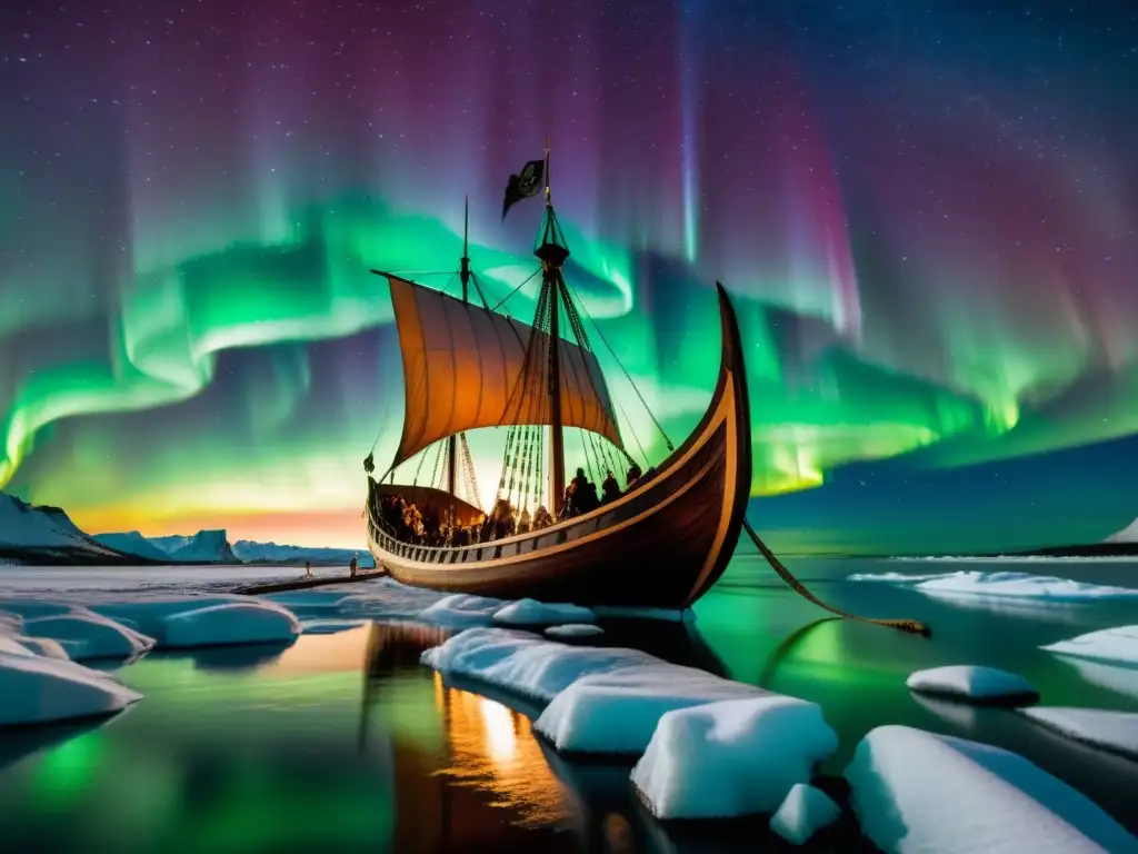 Un Vikingo navega en un drakkar bajo auroras boreales, con figuras de lobo y oso talladas en proa