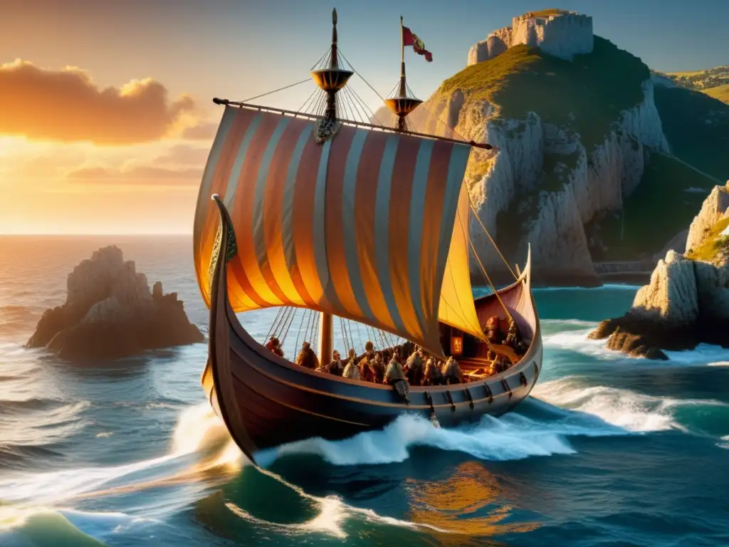 Un Vikingo en un drakkar navega cerca de la costa española al atardecer, evocando aventura y exploración