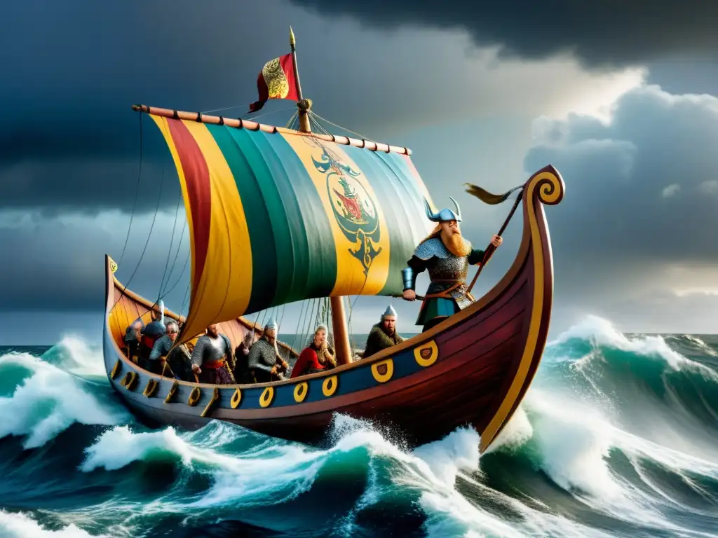 Un Vikingo en un drakkar navegando por mares turbulentos con guerreros y escudos en la cubierta