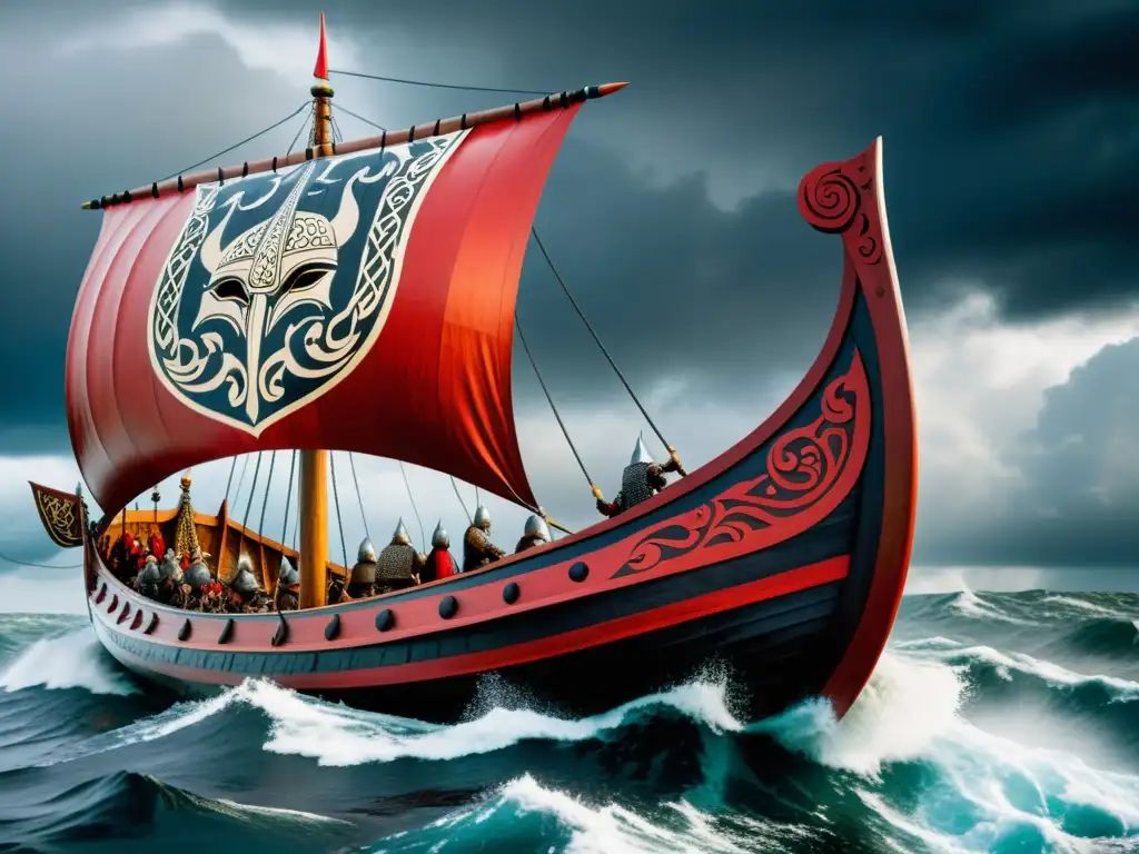 Un drakkar vikingo con elementos decorativos vikingos para exteriores navegando en aguas turbulentas bajo un cielo nórdico tormentoso