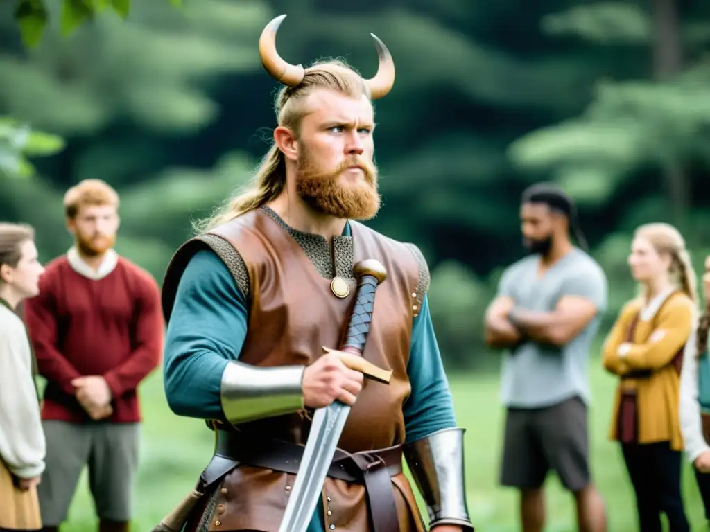 Un vikingo enseña el uso de una espada vikinga a estudiantes en un entorno histórico, rodeados de vegetación y réplicas de armas vikingas educativas