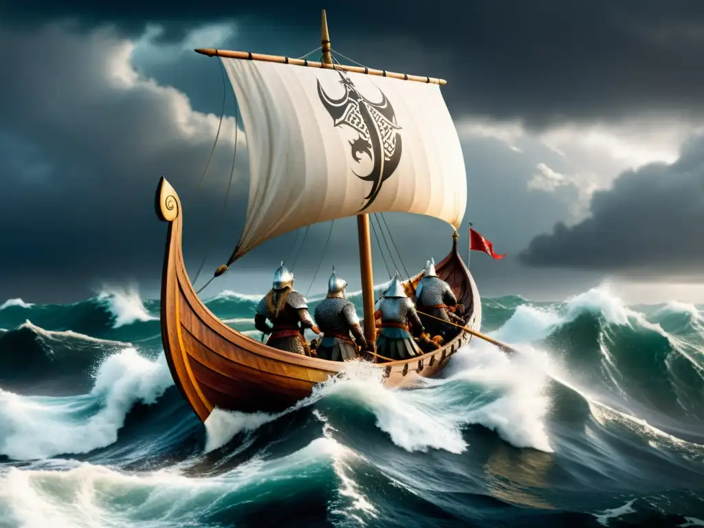 Un Vikingo épico navega en un barco durante una tormenta en alta mar