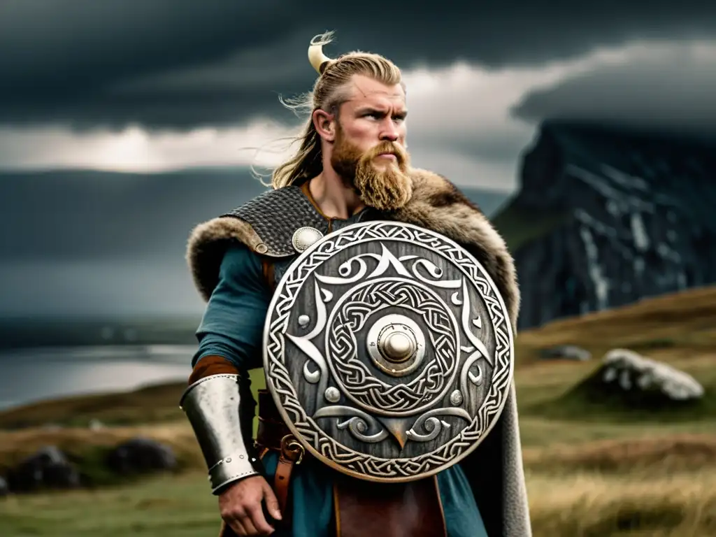 Vikingo con escudo decorado con anillos vikingos en paisaje nórdico