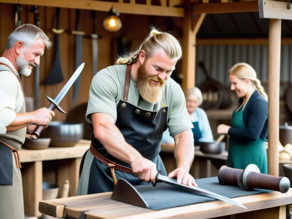 Un hábil herrero vikingo forja una espada en un bullicioso mercado del norte