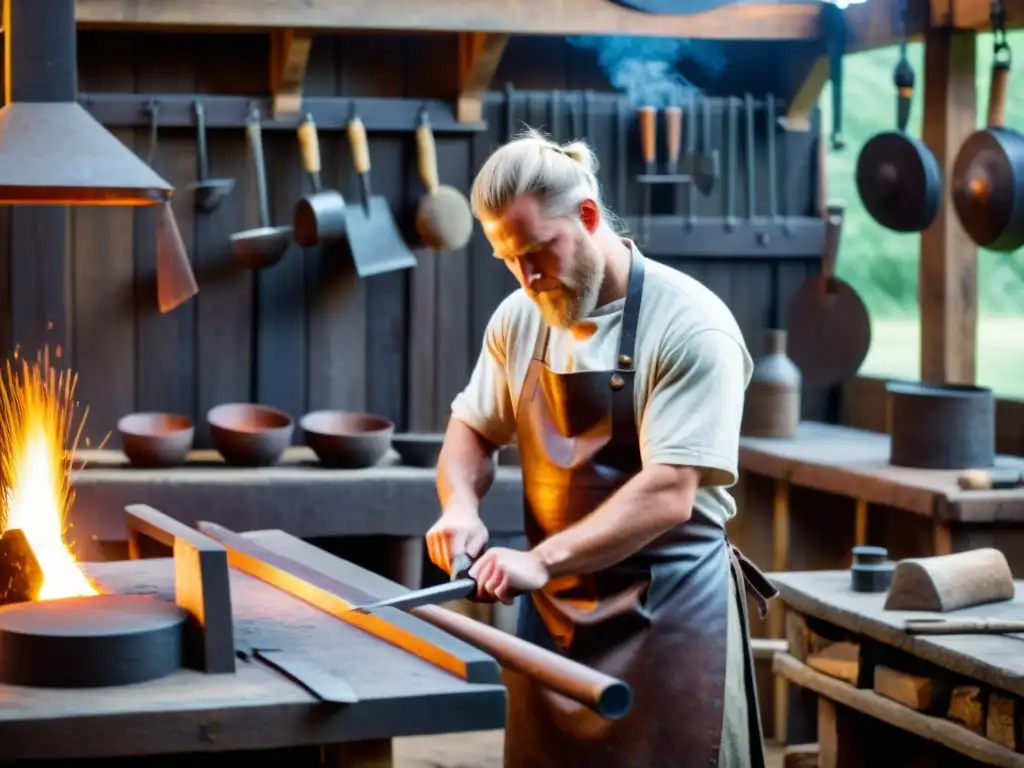 Un hábil herrero vikingo forja una espada con diseños nórdicos en un taller tradicional