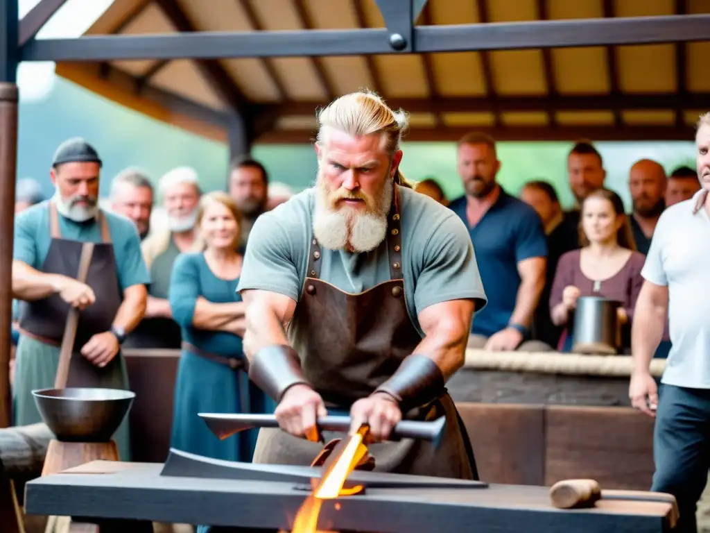 Un hábil herrero vikingo forja una espada mientras una multitud lo observa maravillada en una demostración en vivo de forja vikinga