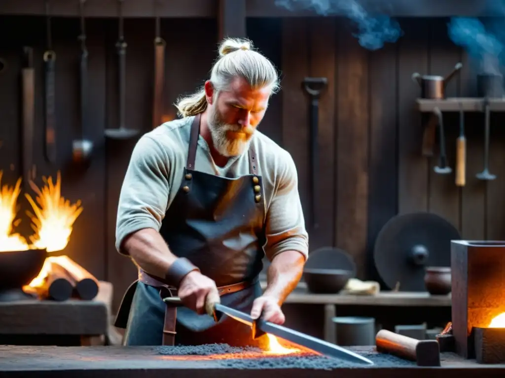 Un hábil herrero vikingo forja una espada poderosa en su taller oscuro y humeante