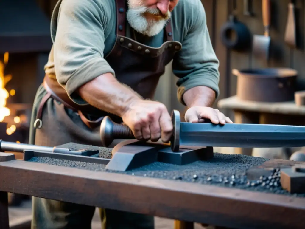 Un hábil herrero vikingo forja una espada poderosa en su taller, resaltando la importancia de los artesanos en la cultura vikinga