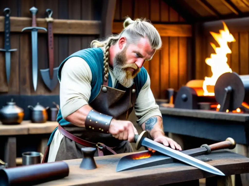 Un hábil herrero vikingo forja una espada rodeado de herramientas tradicionales en su taller rústico