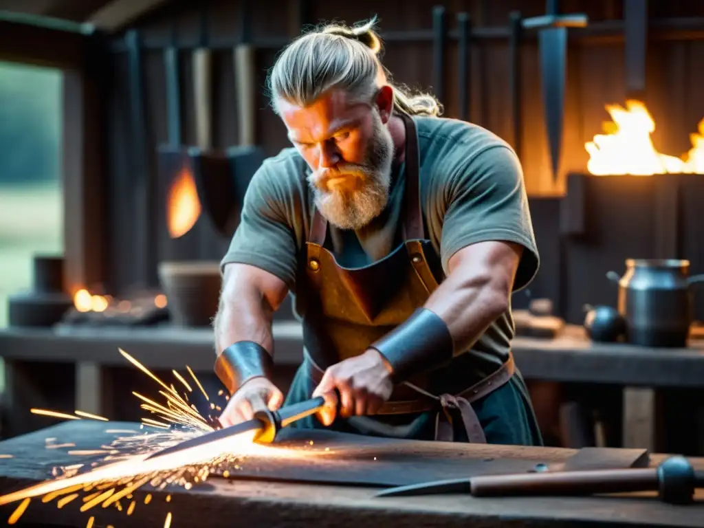 Un hábil herrero vikingo forja una espada tradicional en su taller, con chispas volando