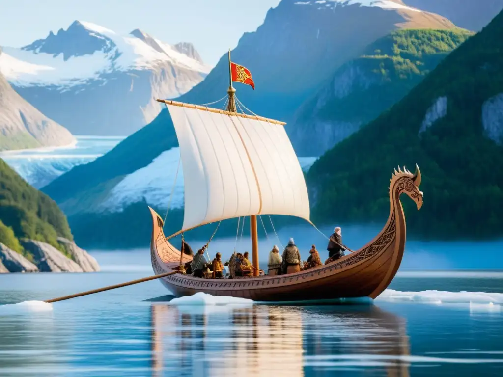 Réplica de drakkar vikingo navegando en fiordo helado, evocando la diplomacia vikinga en la era de hielo