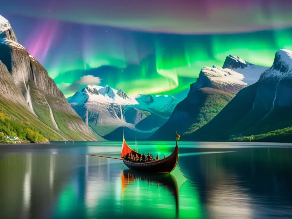 Un vikingo surca un fiordo noruego bajo la Aurora Boreal, con montañas nevadas al fondo