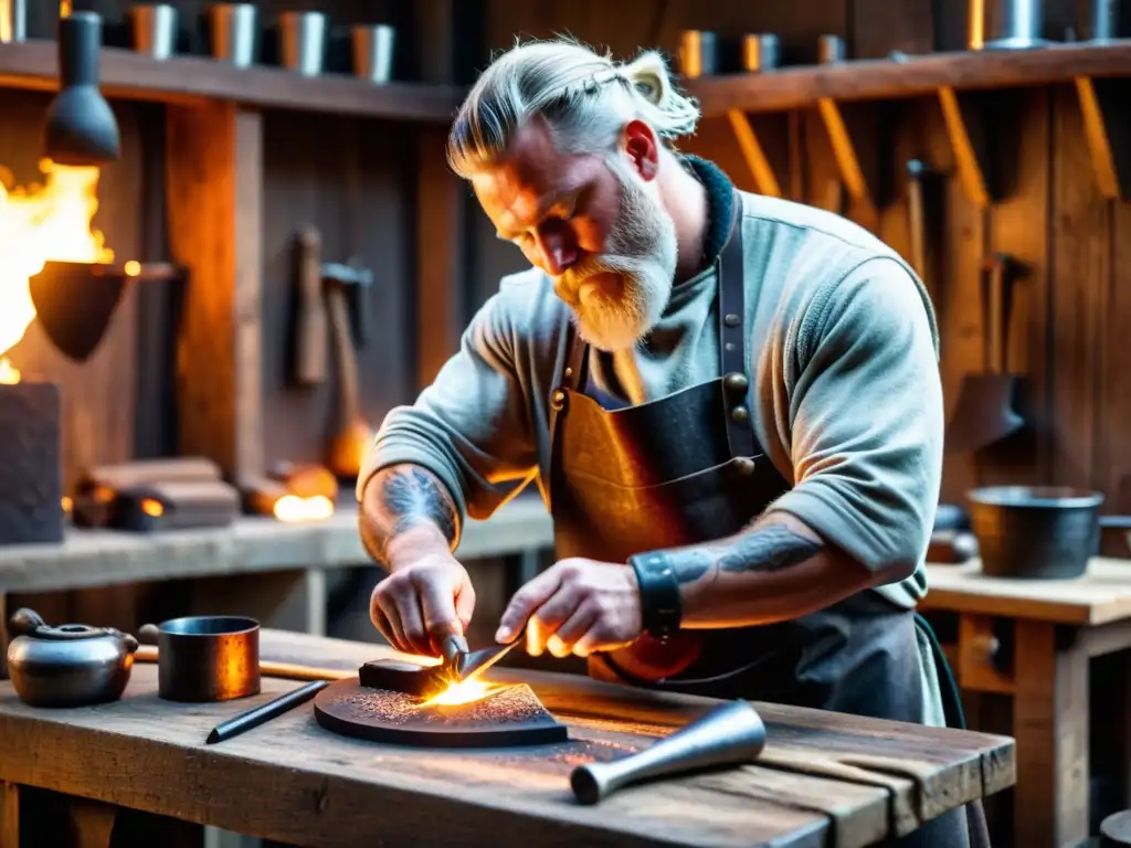 Un hábil herrero vikingo forja amuletos para guerreros en su taller rústico, rodeado de herramientas y piezas terminadas