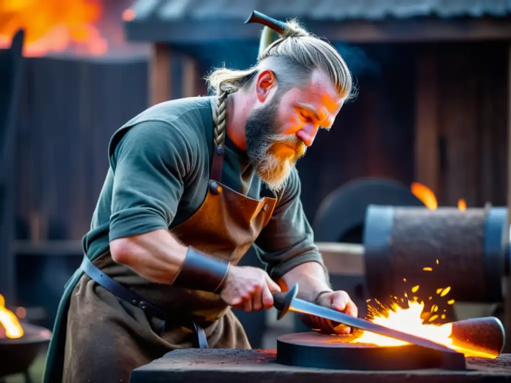 Un hábil herrero vikingo forja con destreza la espada Ulfberht, rodeado por el resplandor del fuego en la fragua