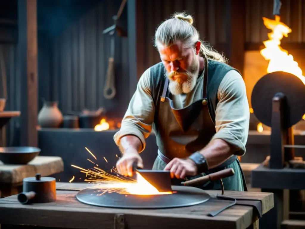 Un hábil herrero vikingo forja joyas con maestría en una fragua humeante y tenue