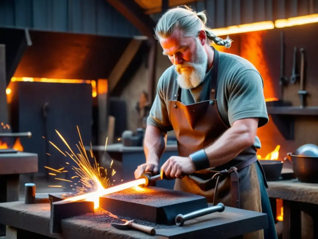 Un hábil herrero vikingo en su forja, martilleando metal con dedicación