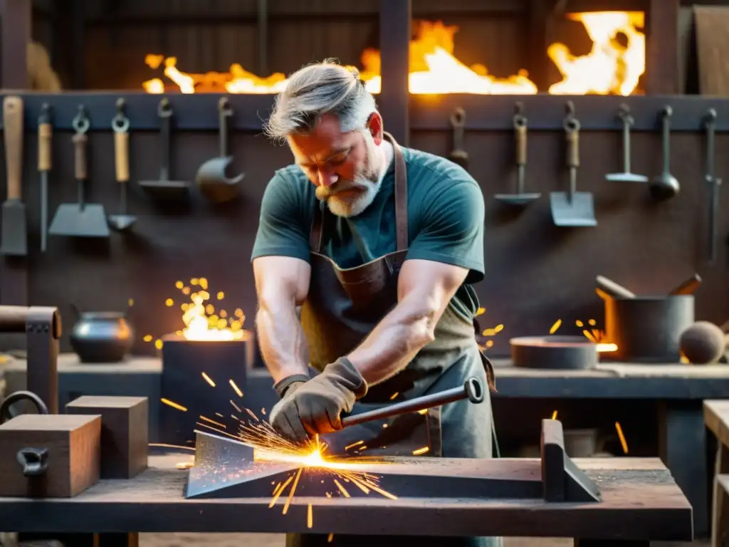 Un hábil herrero vikingo forja objetos de decoración metal vikinga en su taller iluminado por el resplandor del metal candente