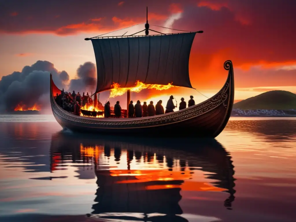 Un Vikingo funeral en el mar al atardecer con un barco incendiado