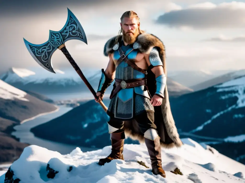 Vikingo con hacha en la cima nevada, listo para la batalla