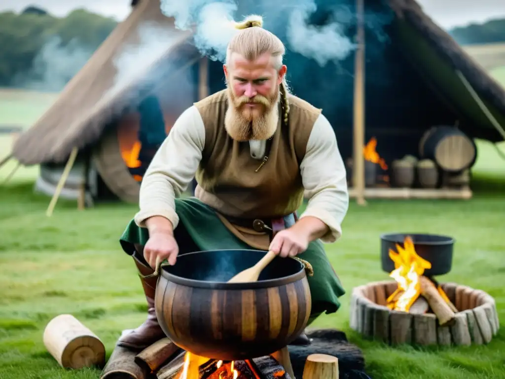 Un vikingo elabora hidromiel método vikingo en un prado verde con casa nórdica al fondo