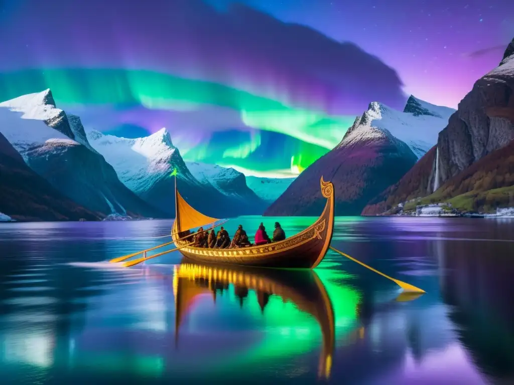 Un drakkar vikingo iluminado por la aurora boreal mientras navegaba por un fiordo helado