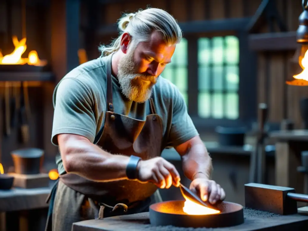 Un hábil herrero vikingo forja un intrincado colgante de plata en su taller