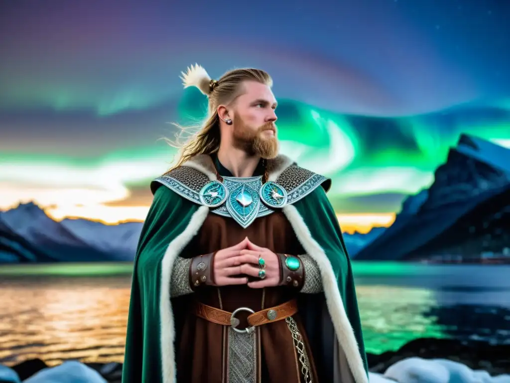 Vikingo con joyería brillante frente a barco bajo auroras boreales