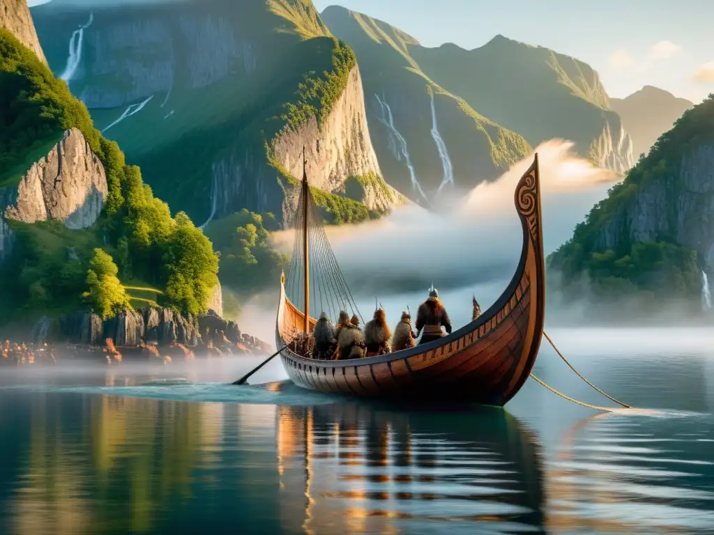 Un vikingo longship surca las aguas neblinosas de un fiordo al amanecer, resaltando los rituales marítimos en la cultura vikinga