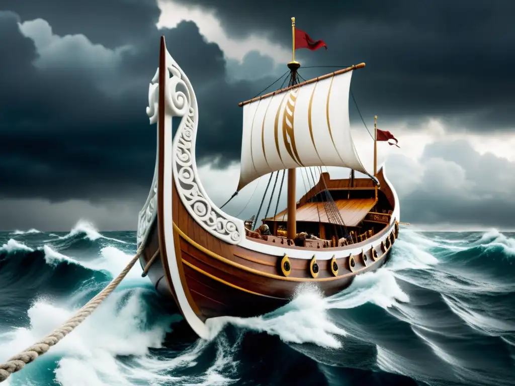 Vikingo longship surca mares turbulentos con diseño de serpiente marina, escudos y cielo ominoso, capturando el simbolismo marítimo vikingo