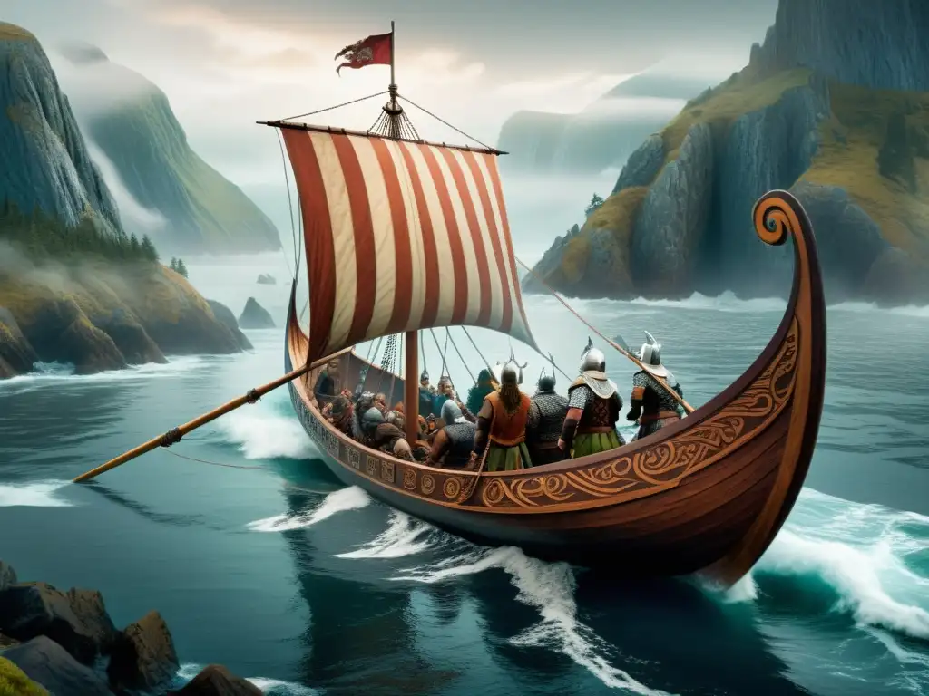 Un Vikingo longship avanza entre la neblina hacia la costa americana mientras se prepara un encuentro con pueblos indígenas