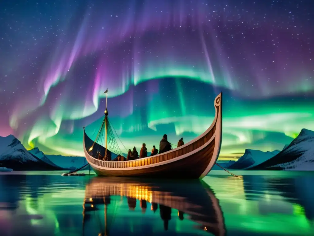 Un Vikingo navega bajo las Luces del Norte con constelaciones, en una escena celestial que evoca la conexión vikinga con la Astronomía y Astrología