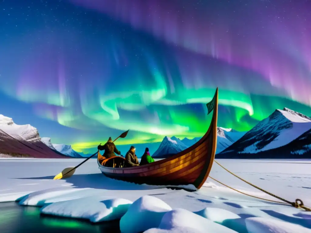 Vikingo en un majestuoso drakkar bajo la Aurora Boreal con el dios Ullr de pie en la proa, reflejando historias de dios esquí combate vikingo