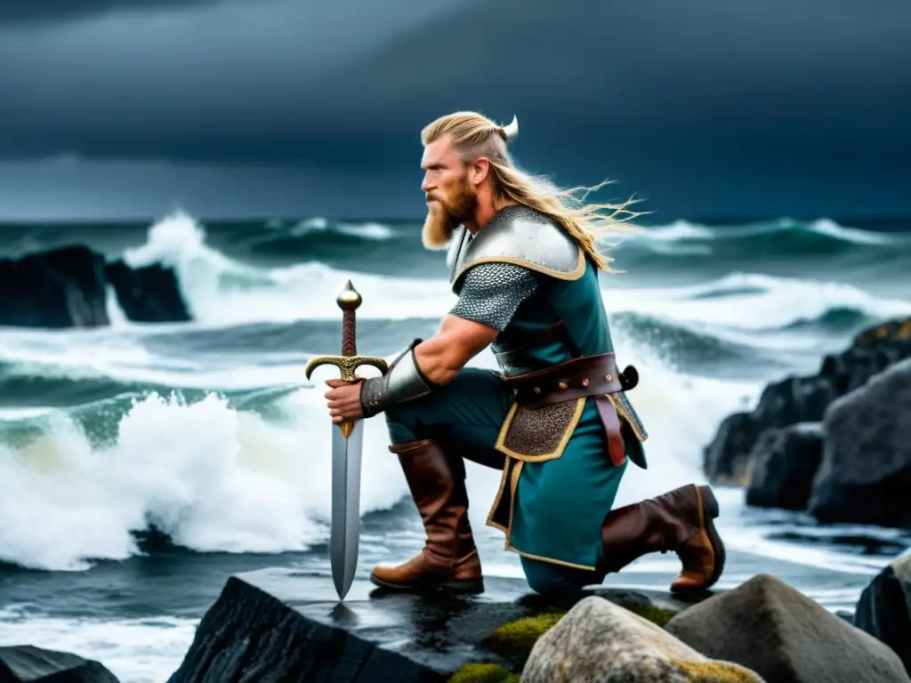 Vikingo contemplando el mar con daga Seax, reflejando el origen y uso de la daga Seax en la era vikinga