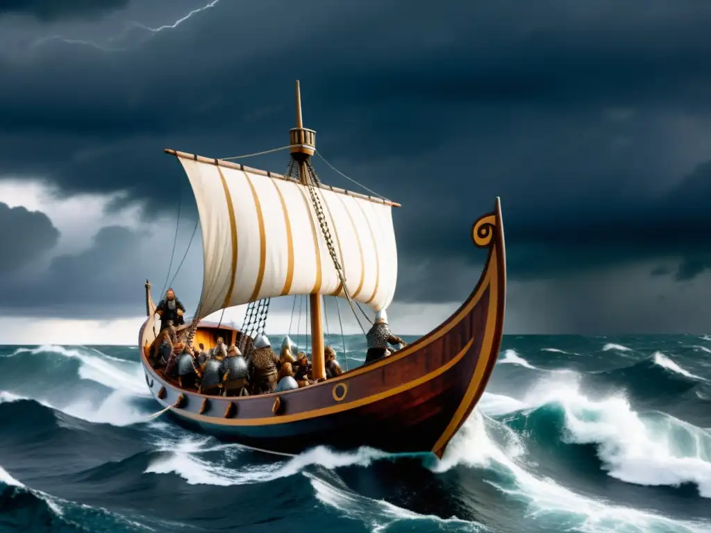 Un drakkar vikingo avanza en el mar durante una tormenta, guerreros listos para la batalla