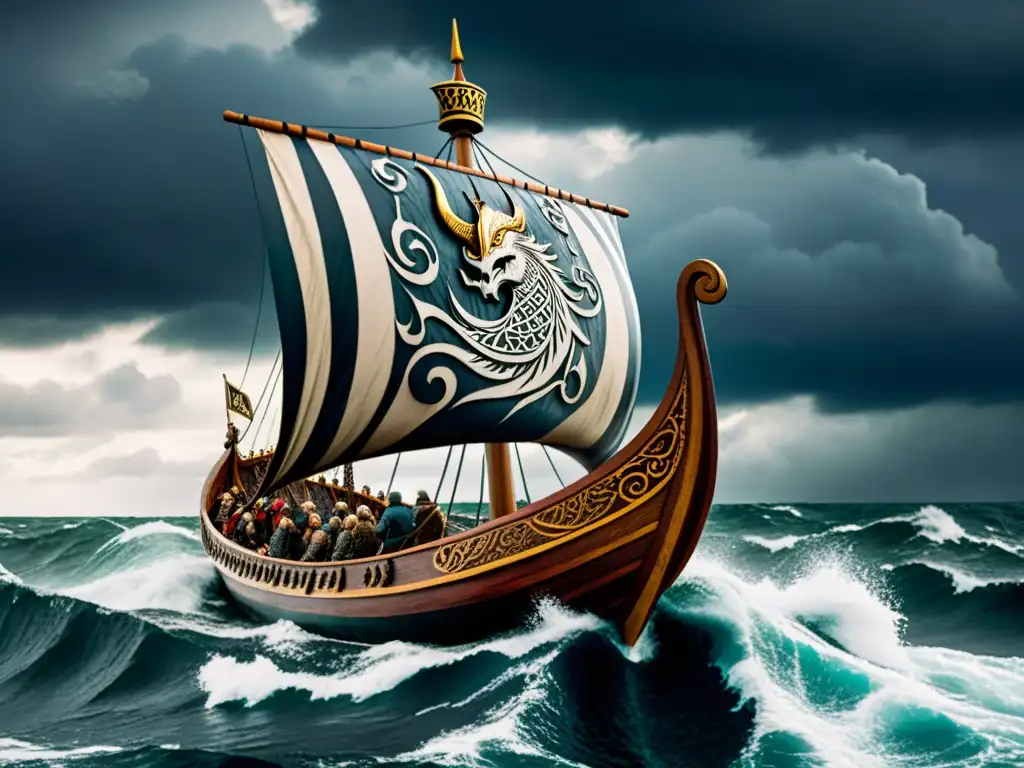 Un drakkar vikingo navega en mares turbulentos, con cielos dramáticos