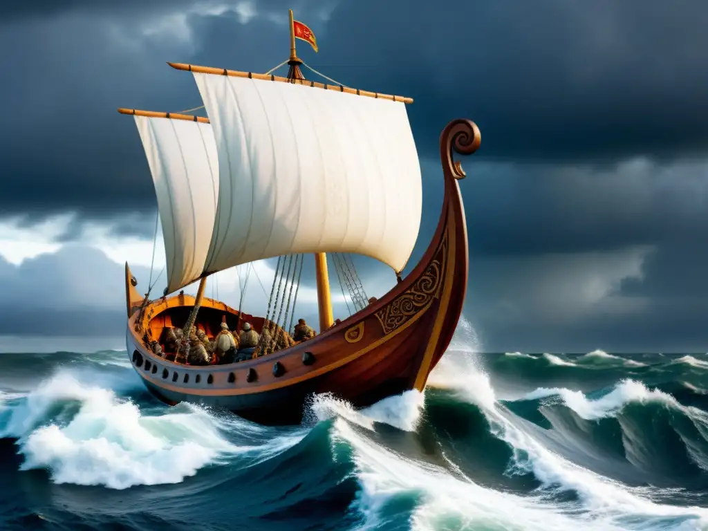 Un drakkar vikingo navega en mares turbulentos, mostrando la influencia de armas vikingas en la guerra medieval