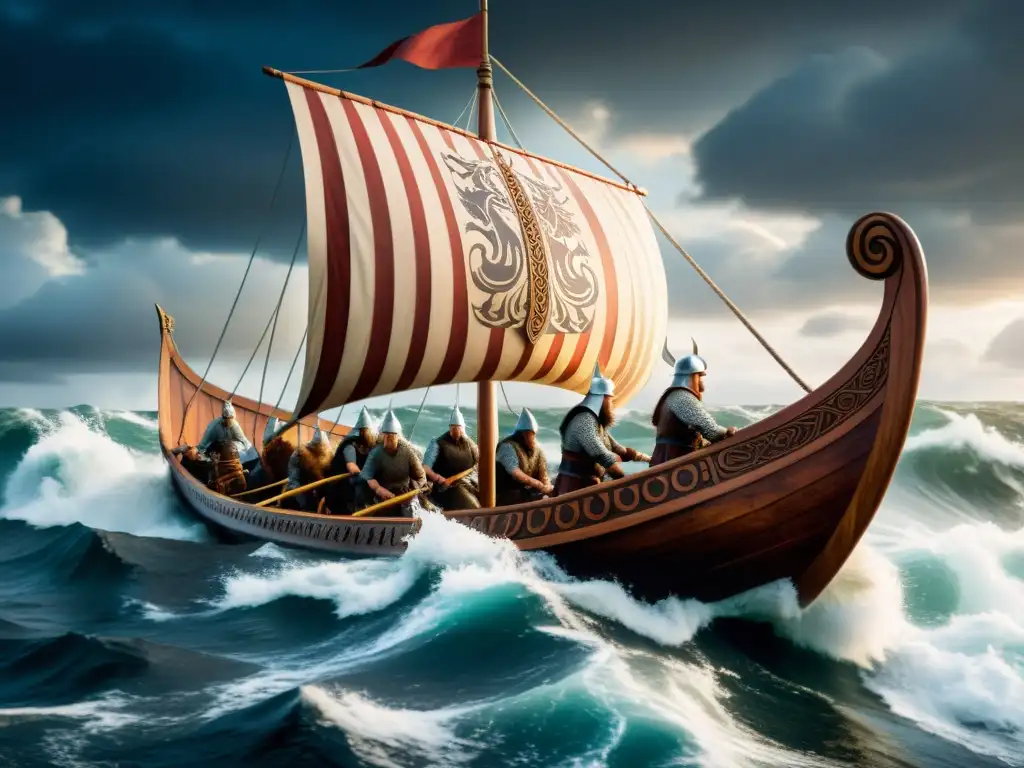 Vikingo navegando en mares turbulentos hacia nuevas tierras mientras su tripulación rema con determinación