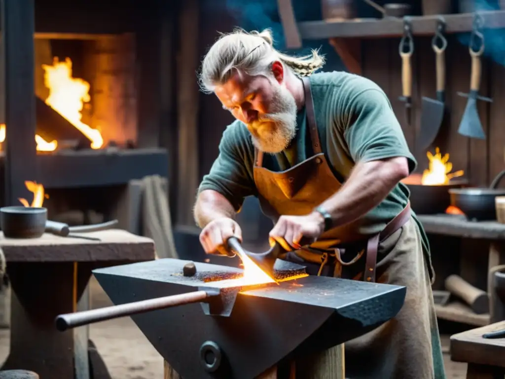 Un hábil herrero vikingo forja metal en una fragua rodeado de herramientas y armas en un taller oscuro