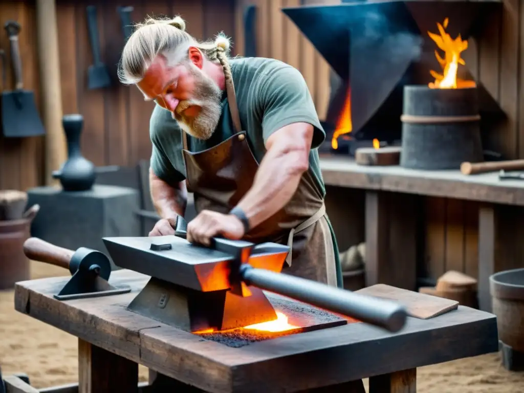 Un hábil herrero vikingo forja metal al rojo vivo en una fragua, rodeado de herramientas tradicionales