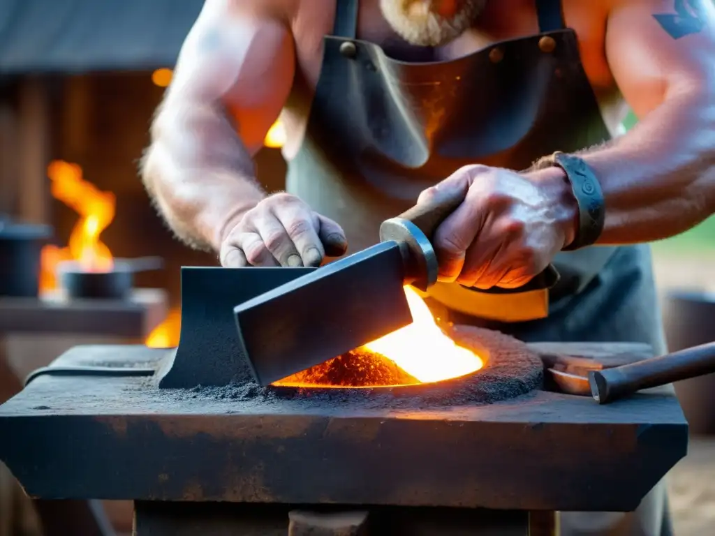 Un hábil herrero vikingo moldea metal al rojo vivo en un yunque, rodeado de herramientas tradicionales