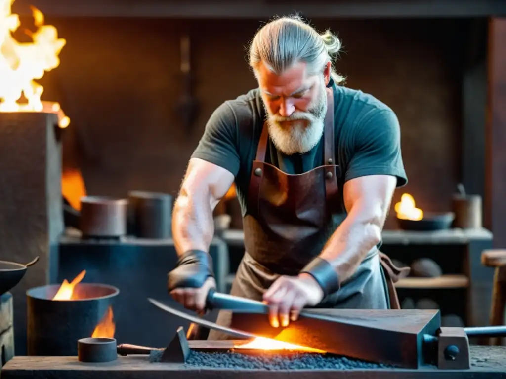 Un hábil herrero vikingo forja metal en su taller, rodeado de herramientas y piezas