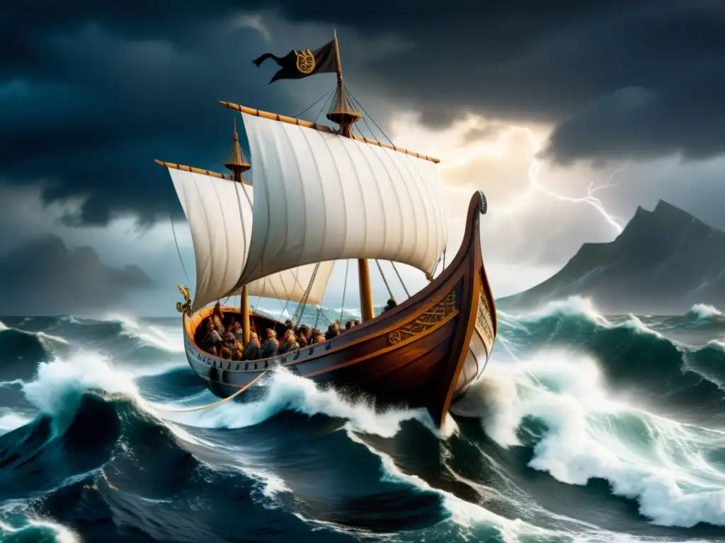 Un Vikingo navegando en su drakkar con meteorología vikinga para conquistar mares