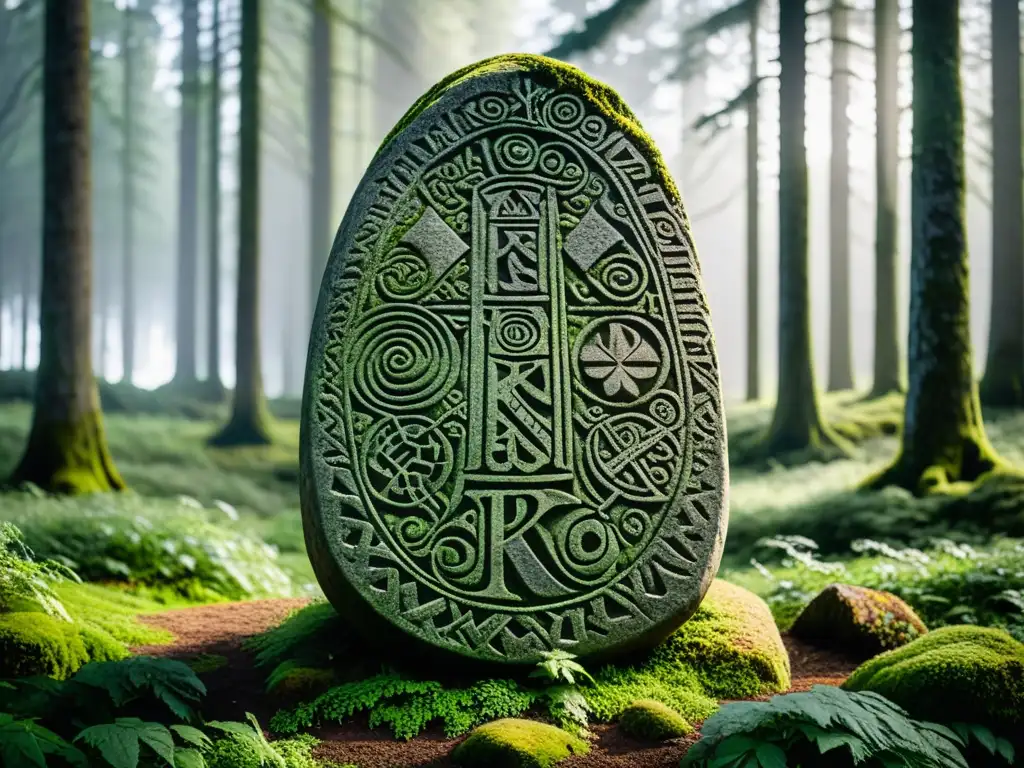 Runestone vikingo misterioso en el bosque sueco, cubierto de símbolos nórdicos y musgo, bajo la luz del sol filtrada entre los árboles