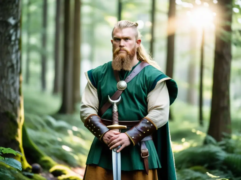 Un vikingo moderno en el bosque con una espada vikinga