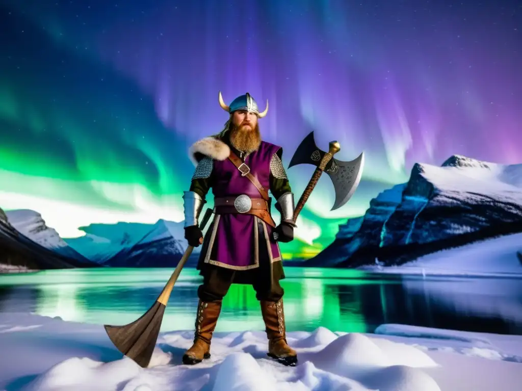 Un vikingo moderno en el fiordo nevado, vestido con armadura vikinga y hacha de batalla, bajo las Luces del Norte