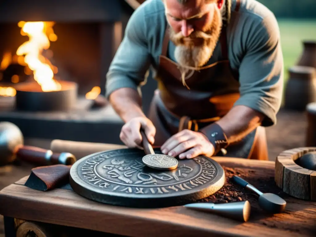 Un hábil herrero vikingo acuña una moneda de plata con runas en un ambiente de fuego