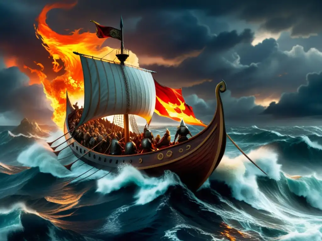 Un Vikingo enfrenta el Ragnarök en su nave, rodeado de criaturas míticas y monstruos marinos