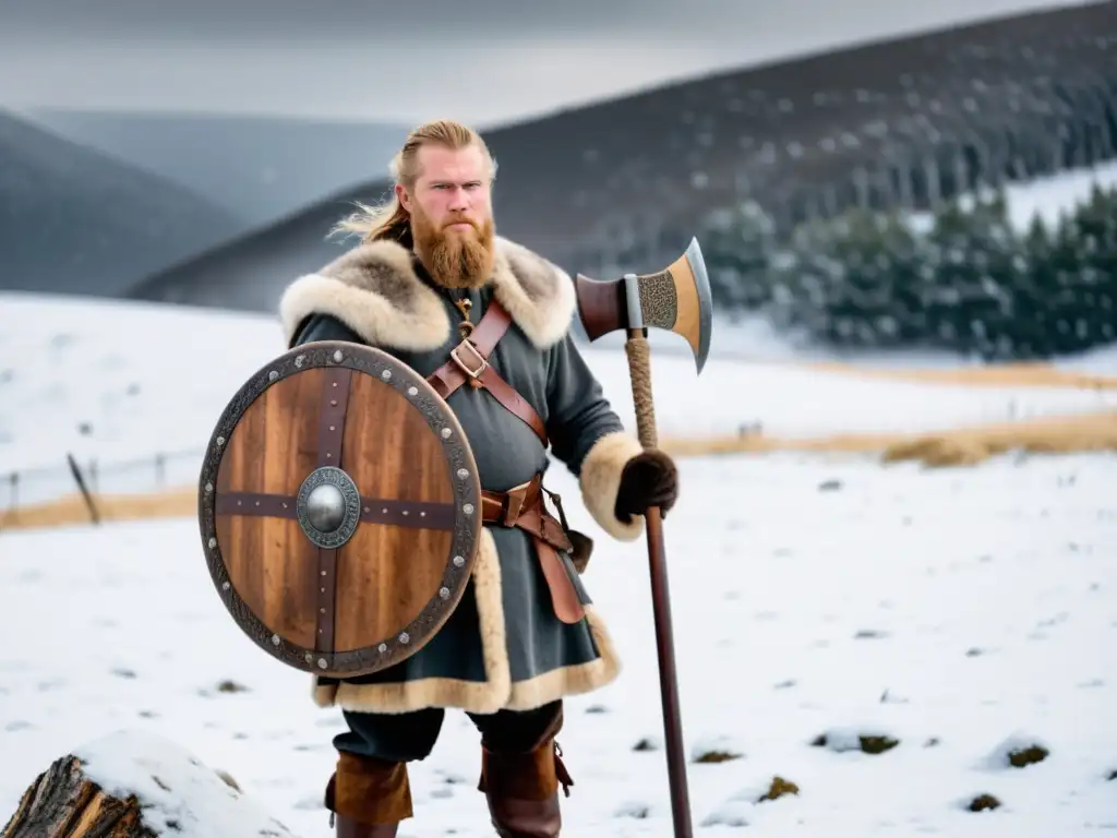 Vikingo en paisaje invernal con vestimenta tradicional, evolución vestimenta vikinga estaciones