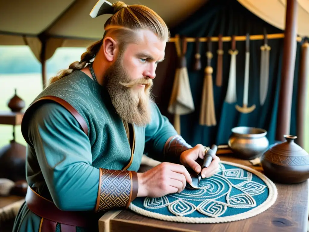 Un vikingo recrea patrones en vestimenta vikinga con auténticas técnicas y herramientas, rodeado de artefactos históricos